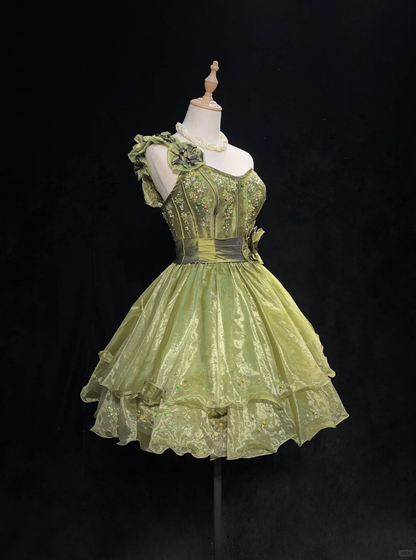 Green one-shoulder strap waist slim fit puffy princess skirt homecoming dress R4974
