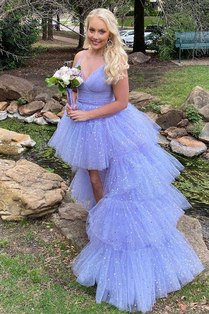 omberprom Fashion Glitter Evening Dress Hi-Low Lavender Tiered Tulle Prom Dress