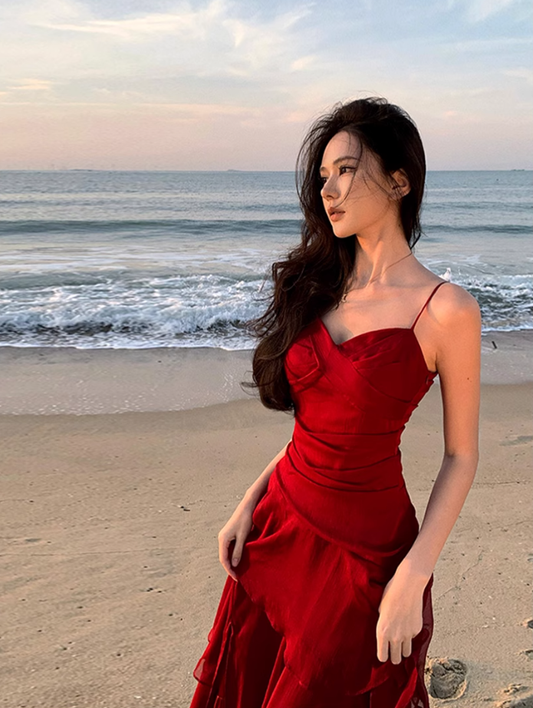 Fairy waist slimming big swing red dress holiday beach long dress tube top ruffled suspender skirt R1719