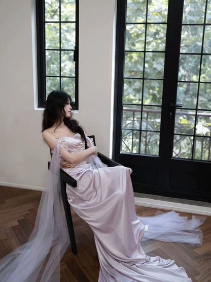 Lilac Elegant Evening Gowns Off Shoulder Long Prom Dress     S7218
