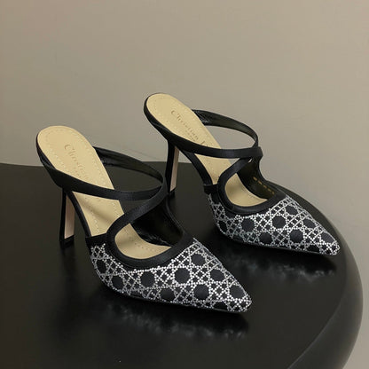CD 26 High-Heeled Mules Black Diamond Mesh Sheepskin 593590