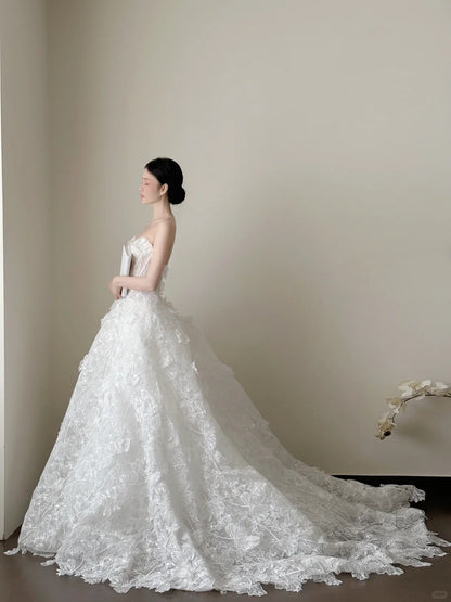 Elegant White Strapless Lace Train Ball Gown Wedding Dress P4022
