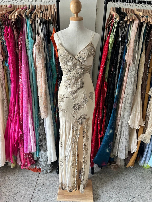Vintage Ivory Mermaid Strappy V-Neck Lace Slit Satin Long Prom Dress Evening Dress P4221