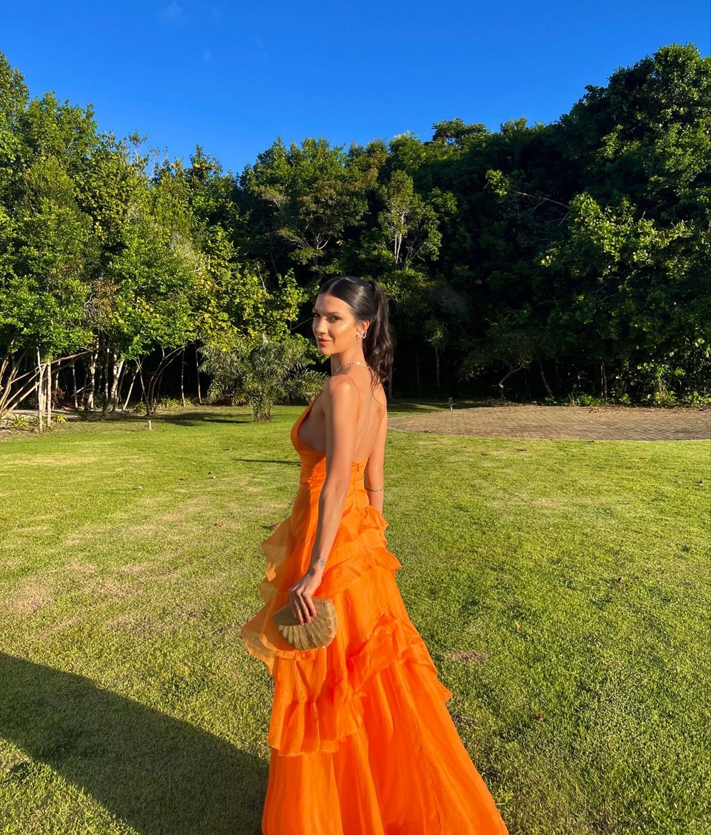 A Line Orange Long Prom Dresses V Neck Formal Dress Outfits P1899