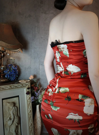 Vintage Red Floral Design Satin Strapless Romantic A-line Short Homecoming Dress TP4028