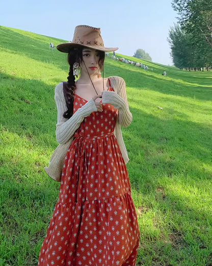 Beach holiday dress travel wear chiffon retro red dress floral loose suspender beach dress R1599