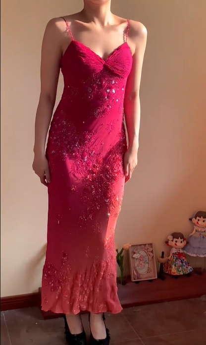 Gorgeous Rose Pink Halter V-neck Beaded Chiffon Long Prom Dress Evening Dress P4227