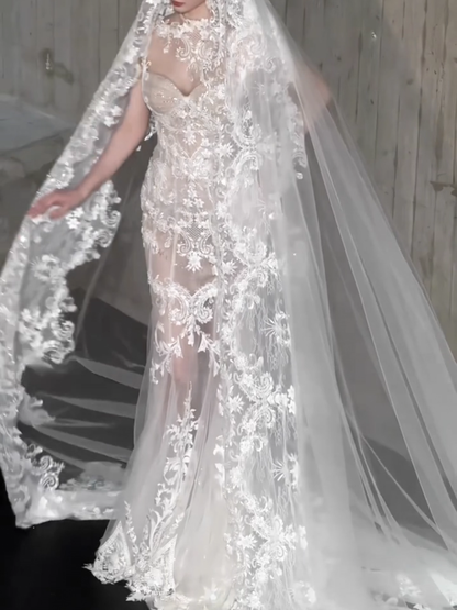 Elegant White Lace Beaded Applique Mermaid Cap Sleeve Long Wedding Dress TP5020