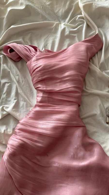 Pink Asymmetric Ruched Mermaid Evening Dress _ Satin Ruffled Formal Gown TP5072