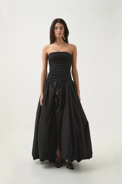 Pretty Ball Gown Strapless Black Satin Long Prom Dresses With Ruffles Evening Dress C2598