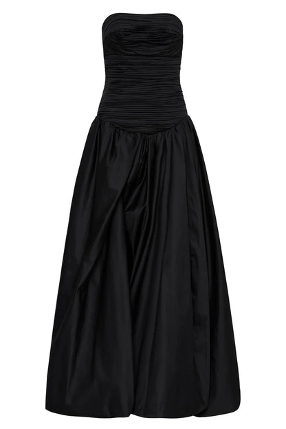 Pretty Ball Gown Strapless Black Satin Long Prom Dresses With Ruffles Evening Dress C2598
