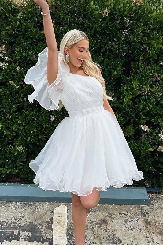 White One Shoulder Ruffle Organza Homecoming Dress Short