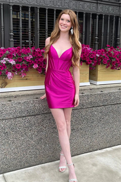 PM535,Hot Pink Plunging V Neck Satin Sheath Homecoming Dress