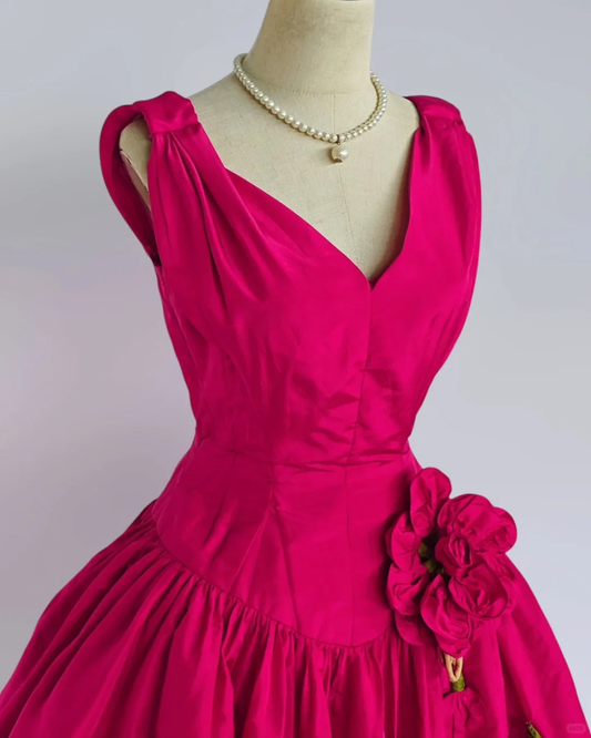 Rose red sleeveless slim waist A-line long skirt homecoming dress R4204