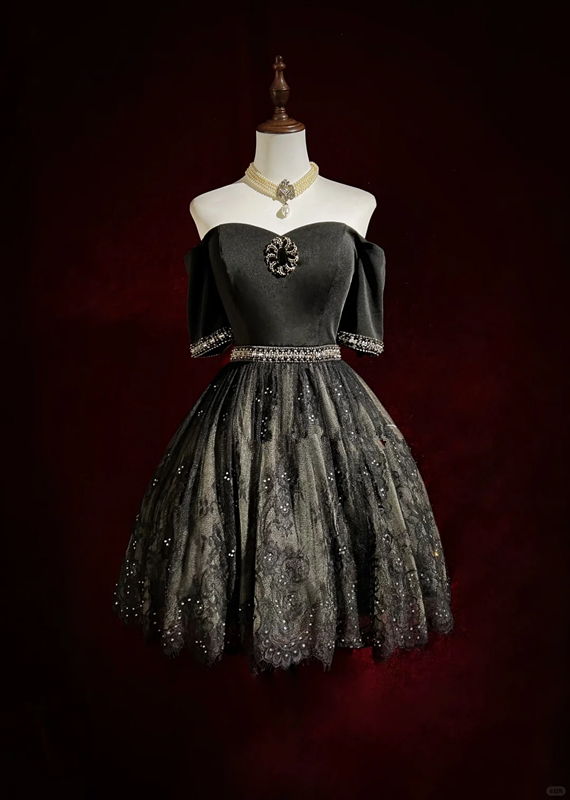 Black tube top waist slim backless design lace skirt design puffy skirt homecoming dress R4934