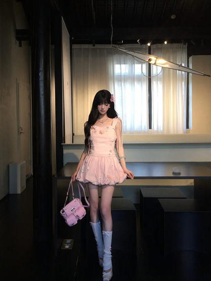 Pink suspender waist slim fit flower bud skirt short skirt homecoming dress R5094