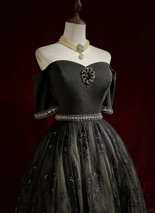 Black tube top waist slim backless design lace skirt design puffy skirt homecoming dress R4934