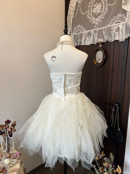 White satin tube top waist slim irregular tulle skirt short skirt homecoming dress R4285