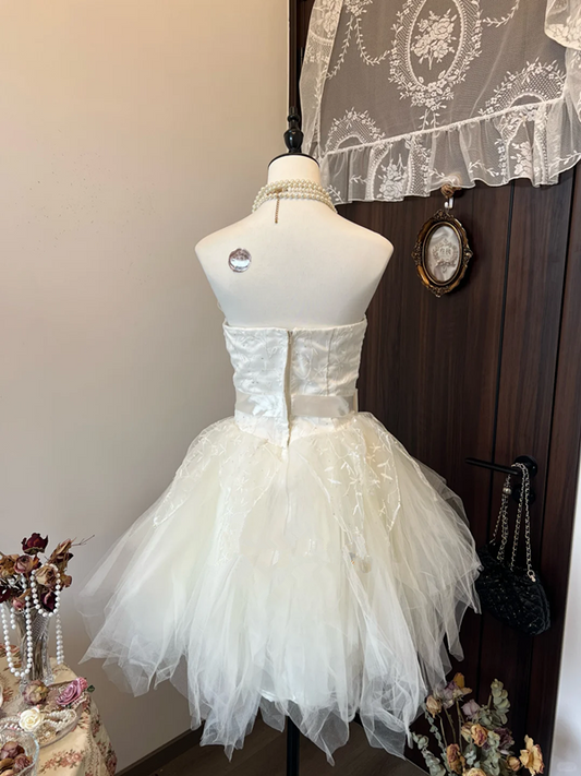 White satin tube top waist slim irregular tulle skirt short skirt homecoming dress R4285