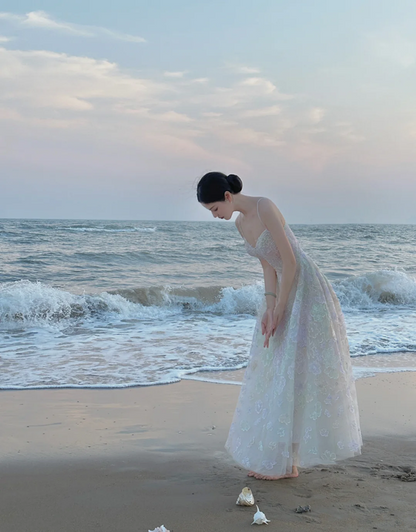 White sheer spaghetti‑strap waist‑cinched slim‑fit appliqué long prom gown, wedding dress R8012