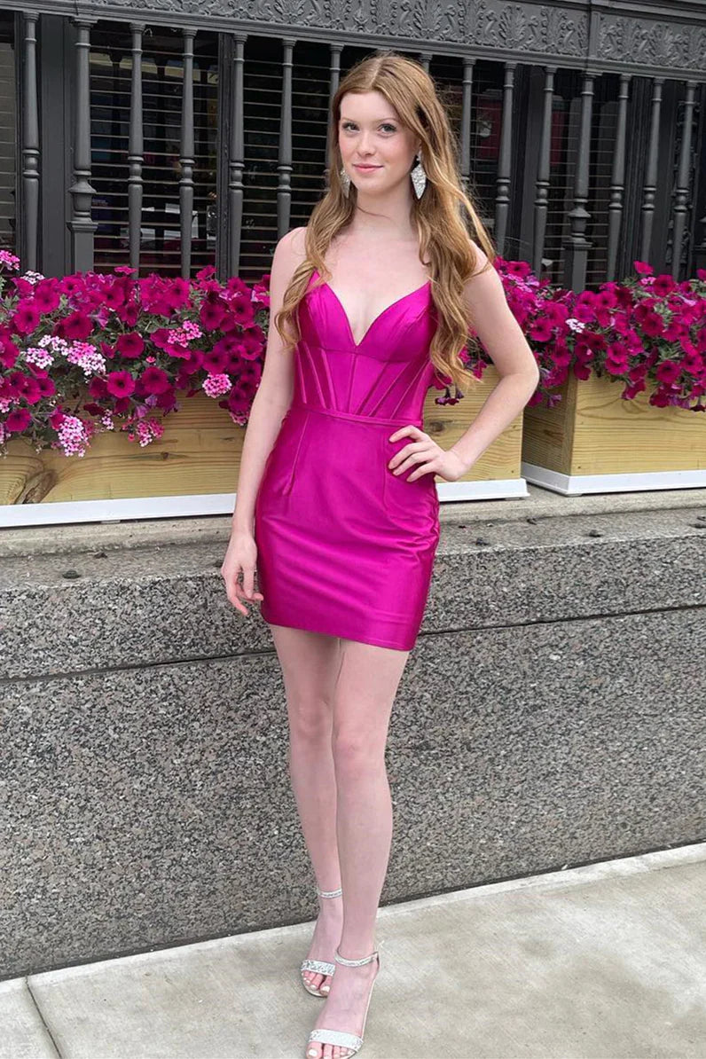 PM535,Hot Pink Plunging V Neck Satin Sheath Homecoming Dress