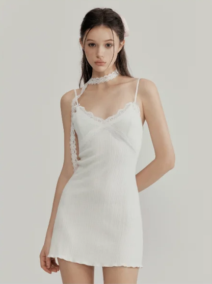 White suspender lace edge neckline waist slimming slimming simple short skirt homecoming dress R4813