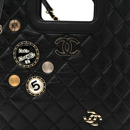 Aged Calfskin Small Charms Shopping Bag Black
