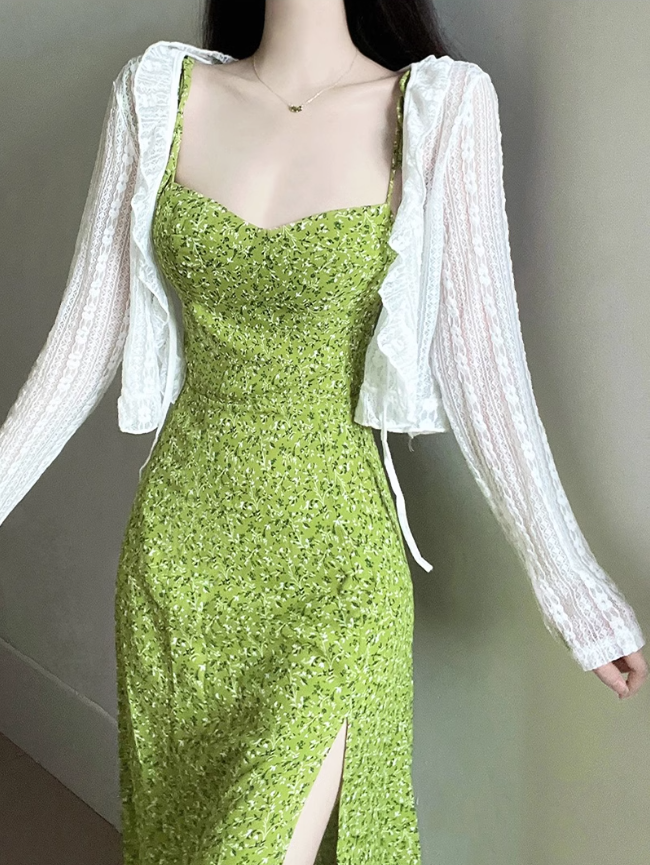 2025 Summer New Green Platycodon Floral Seaside Vacation Wear Suspender Dress R0902