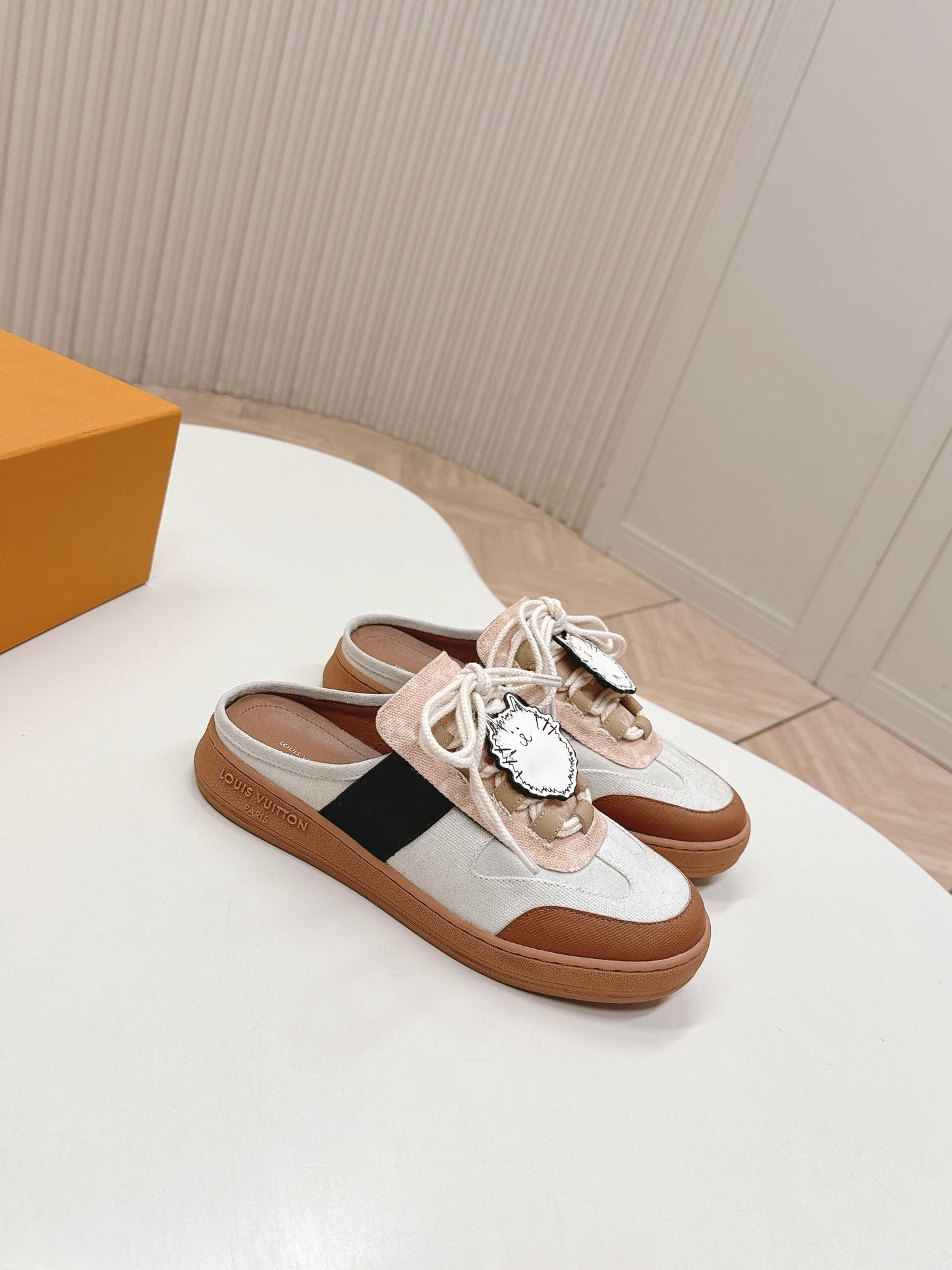 LV 2026 Lous Open Back Sneaker White Brown Canvas Leather 595416
