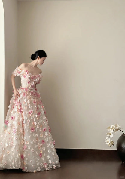 Sweet Pink And White Gradient Strapless 3D Floral Tulle Ball Gown Wedding Dress P4023