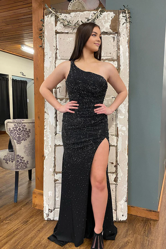 omberprom Mermaid Evening Dress One Shoulder Beaded Jersey Prom Dress with Slit