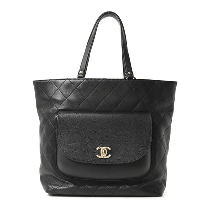 Sheepskin Caviar Quilted Medium Shopping Tote Black