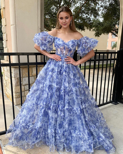 omberprom A Line Evening Dress Off The Shoulder Floral Tulle Prom Dress