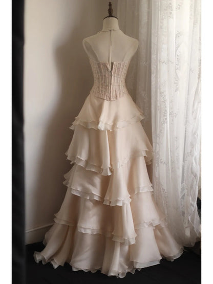 Sweet Pink A-line Strapless Beaded Layered Chiffon Long Prom Dress Evening Dress P4235
