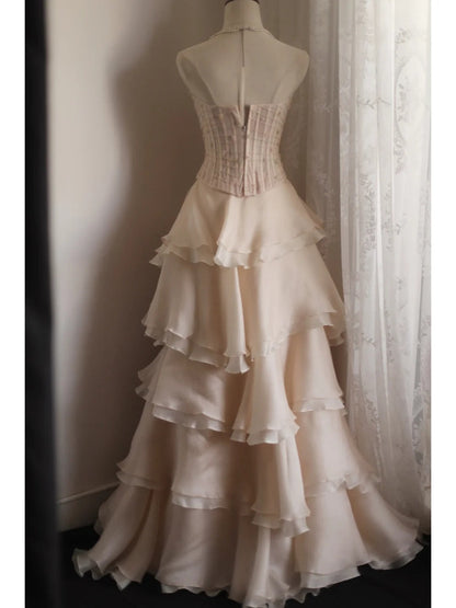 Sweet Pink A-line Strapless Beaded Layered Chiffon Long Prom Dress Evening Dress P4235