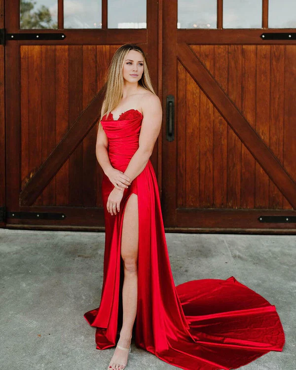 omberprom Mermaid Evening Dress Strapless Satin Prom Dress with Slit