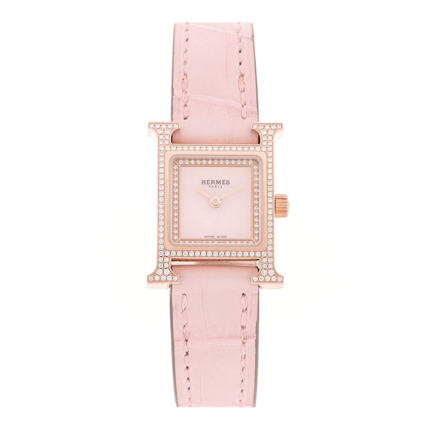 18K Rose Gold Alligator Diamond Bezel Rose Opal 17.2mm Heure H Hour Quartz Watch Rose Pale