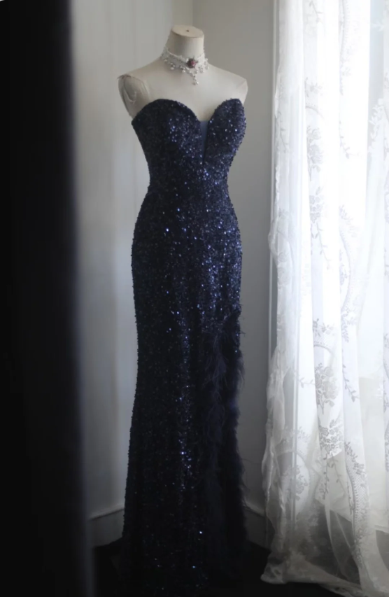 Elegant Navy Blue Mermaid Pleated Satin Long Prom Dress Evening Dress P4236