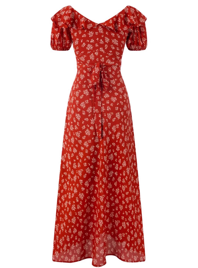 2025 Summer New Red Floral Tea Break Ruffled V-Neck French Waist Dress R0918