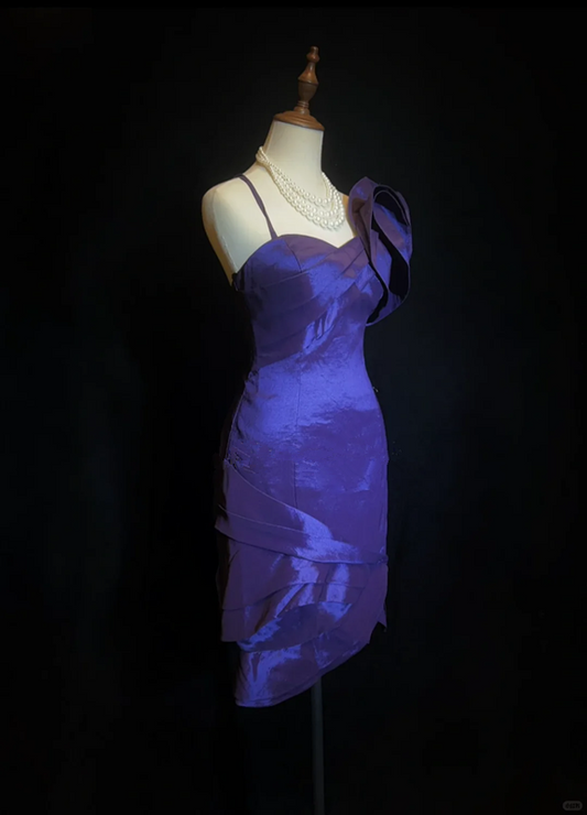 Dark purple suspender asymmetrical three-dimensional flower satin waist slim skirt homecoming dress R4976