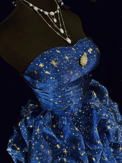 Dark blue tube top star pattern waist slimming flower bud skirt puffy short skirt homecoming dress R4935