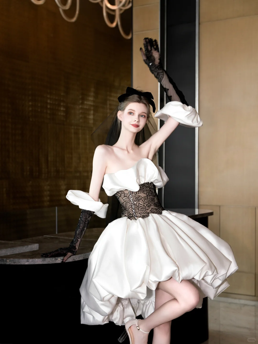 White satin tube top waist black lace sexy high-end elegant skirt short skirt homecoming dress R4205
