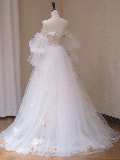 White Strapless One Shoulder Waist Floral Slim Fit A-Line Long Dress Bridal Gown R5714