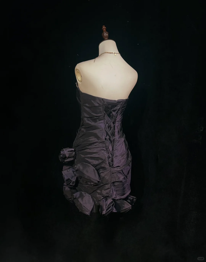 Black tube top diamond waist pleated skirt flower design short dress homecoming dress R4895