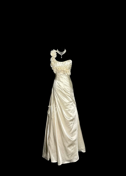 Apricot-colored one-shoulder 3D floral dress with a fitted waist and pleats, long ball gown R6668
