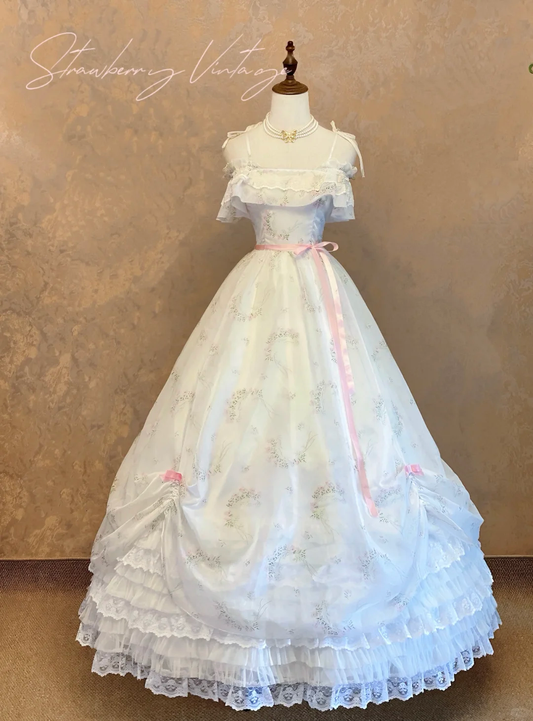 Vintage Cream Floral Spaghetti Strap Lace Pink Ribbon A-Line Quinceañera Ball Gown TP5164