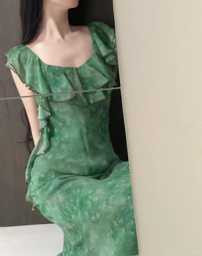 Elegant Dark Green Mermaid Ruffled Chiffon Long Prom Dress Evening Dress P4024