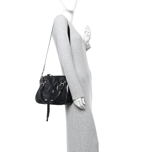Natural Shiny Calfskin Small Marcie Satchel Black