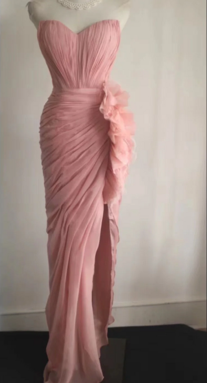 Elegant Pink 3D Floral Strapless High-slit Chiffon Prom Dress Evening Dress P4241