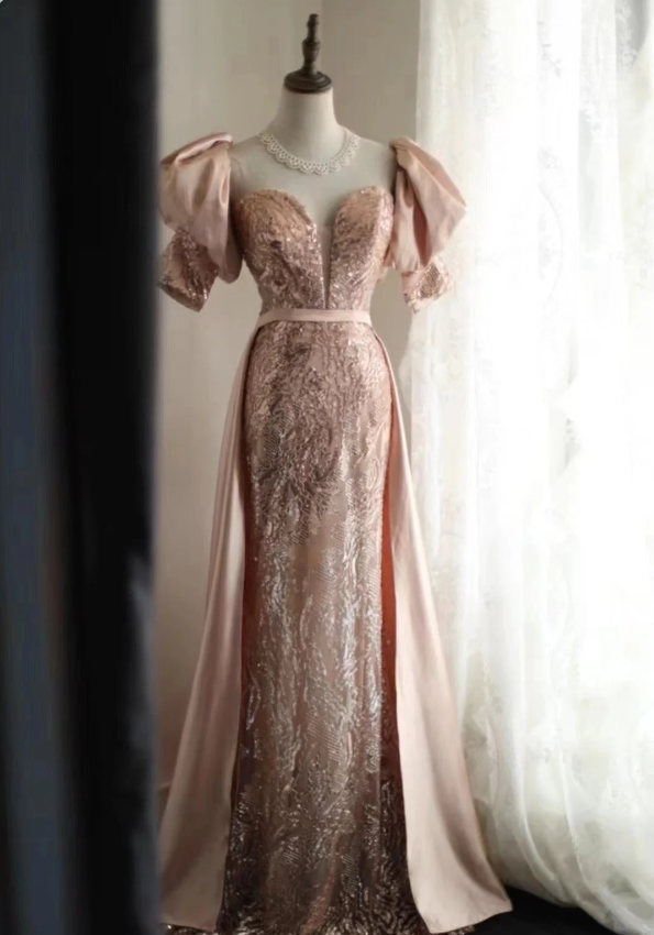 Elegant Pink Mermaid Sequined Prom Dress Evening Dress P4242